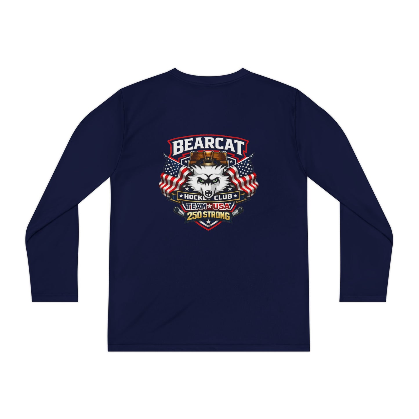 Bearcat Club Youth Long Sleeve Tee – Hockey Team Jersey with American Flags & Mascot