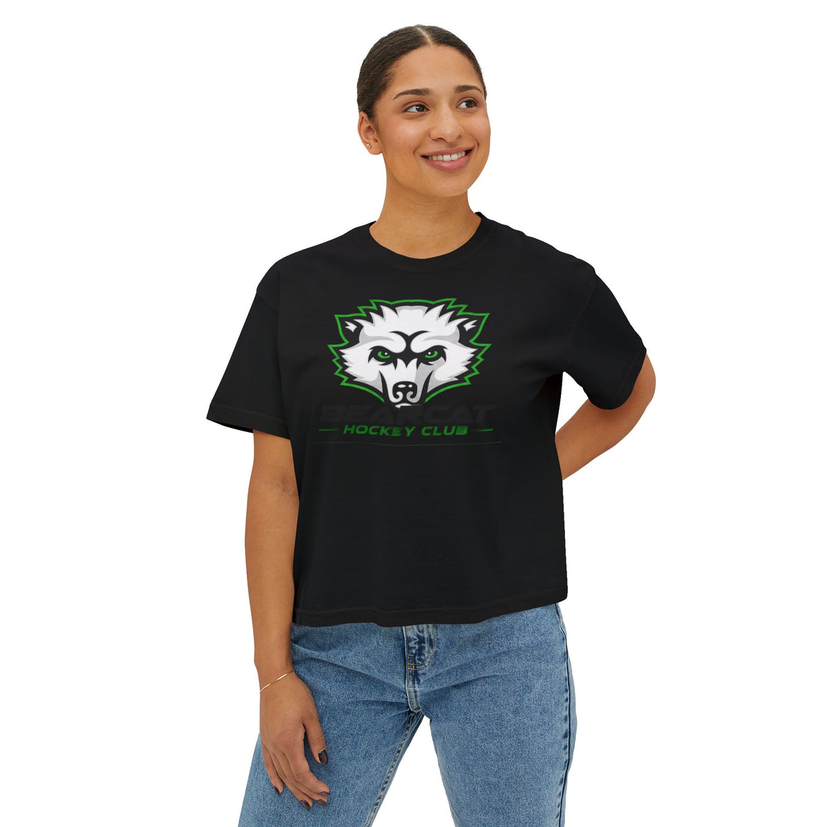 Bearcat Hockey Club Women's Boxy Tee — Retro Mascot Hockey Shirt