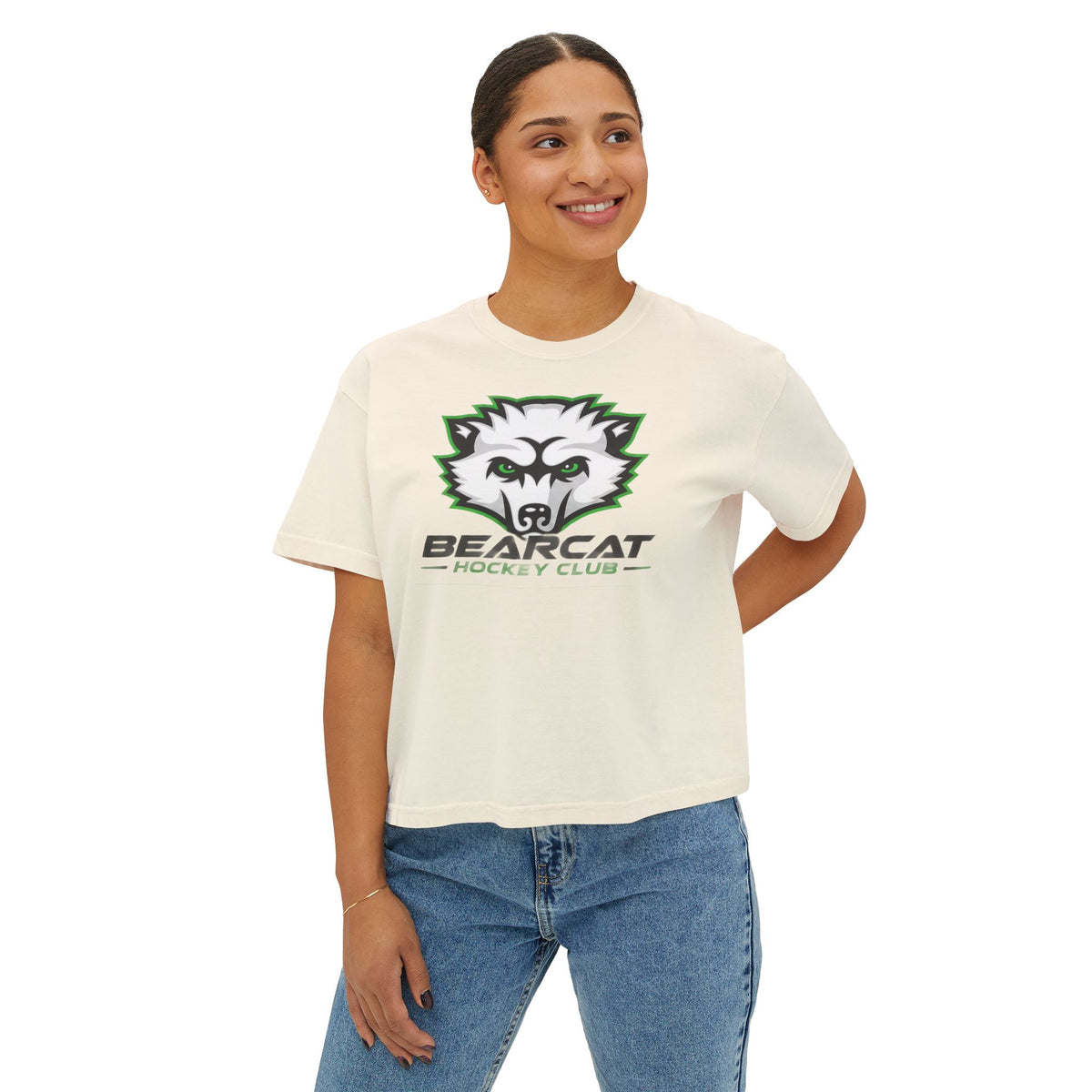 Bearcat Hockey Club Women's Boxy Tee — Retro Mascot Hockey Shirt