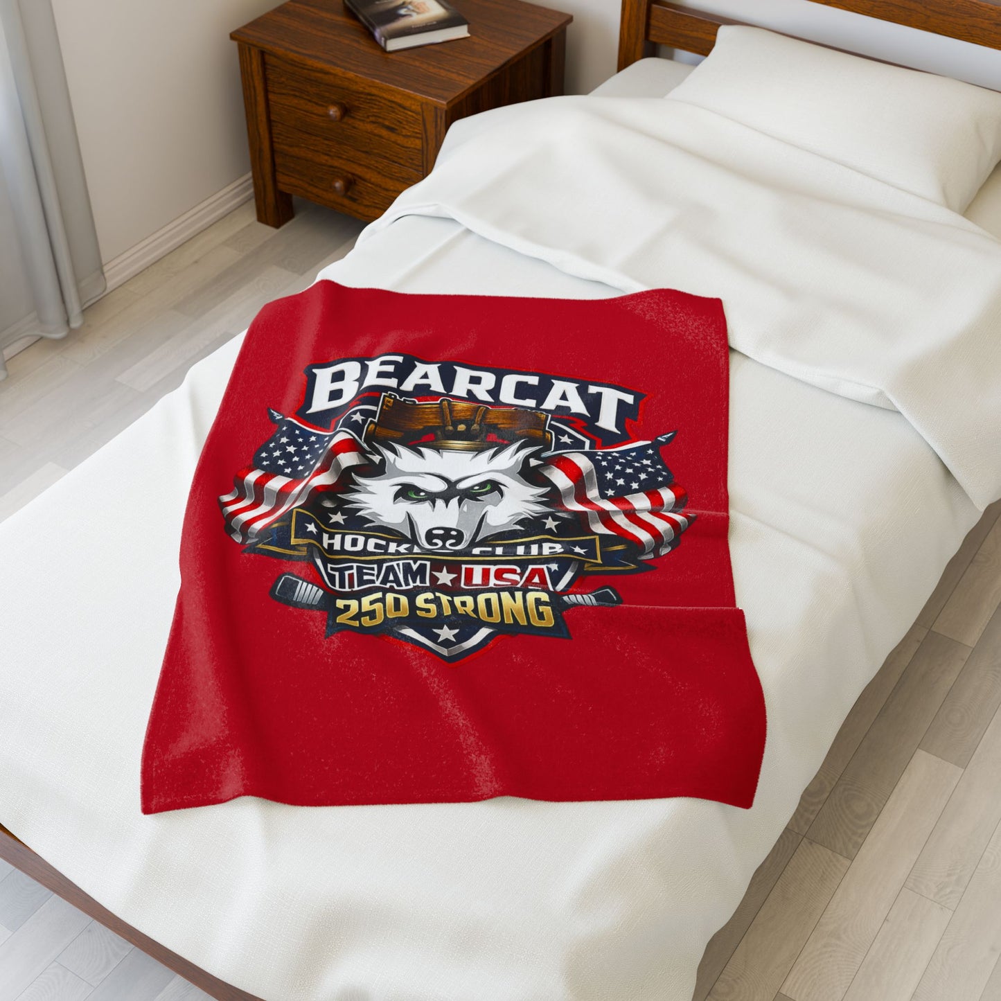 Bearcat Hockey Club Team USA Velveteen Plush red Patriotic Blanket