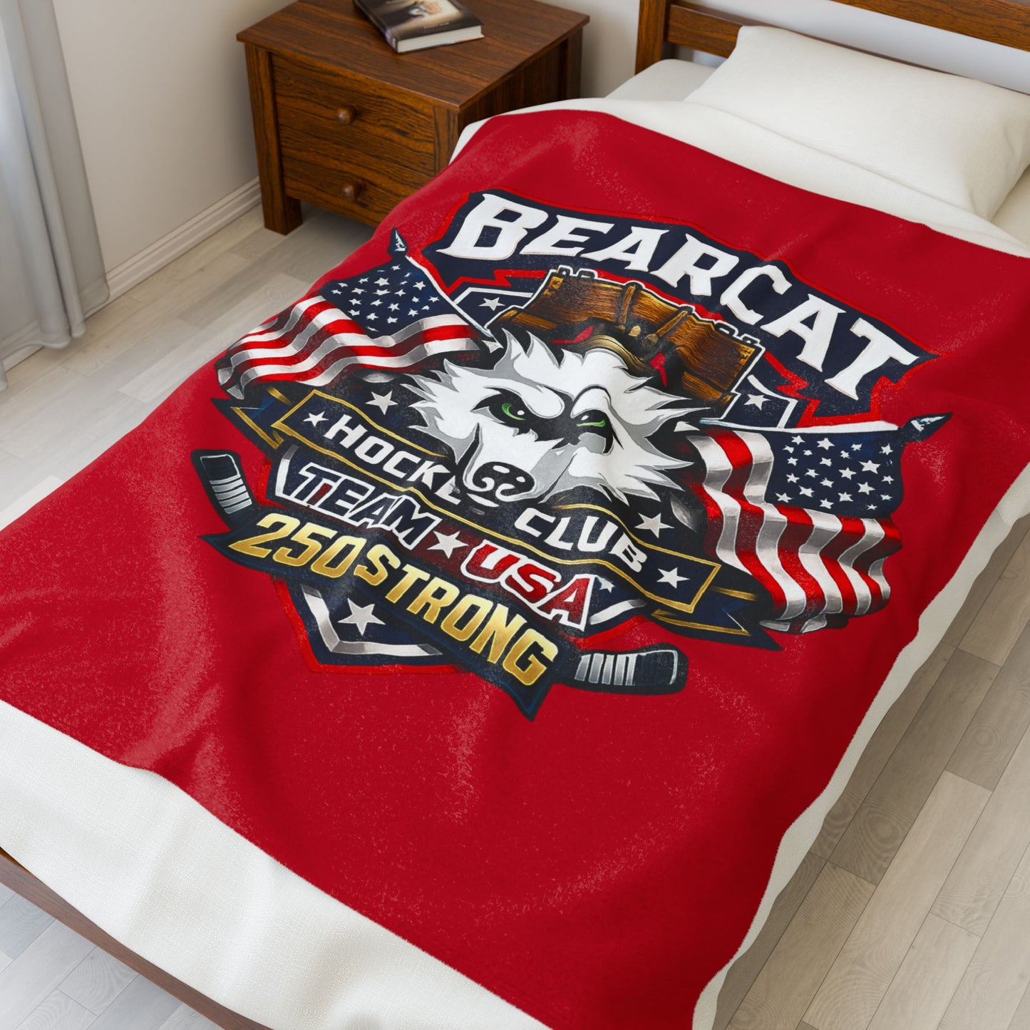 Bearcat Hockey Club Team USA Velveteen Plush red Patriotic Blanket