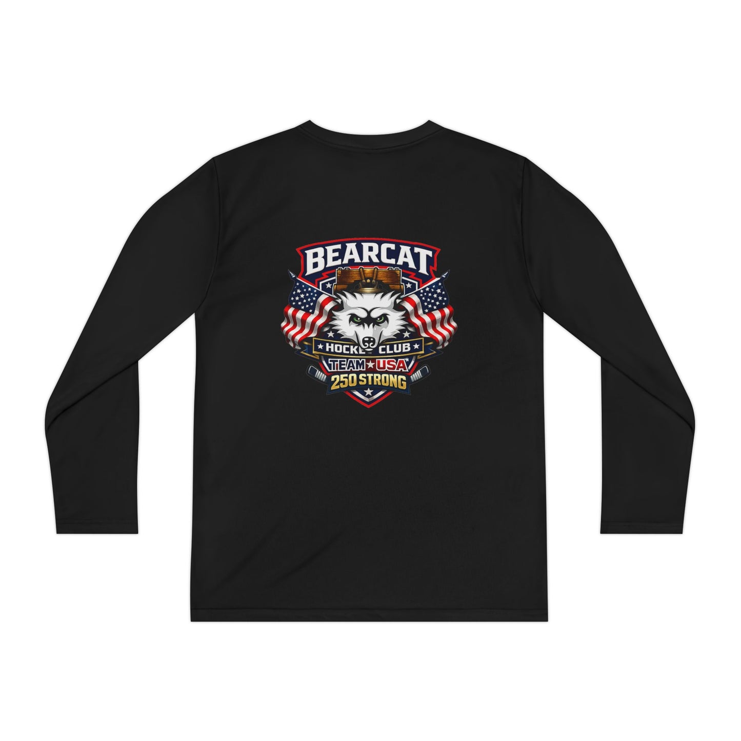 Bearcat Club Youth Long Sleeve Tee – Hockey Team Jersey with American Flags & Mascot