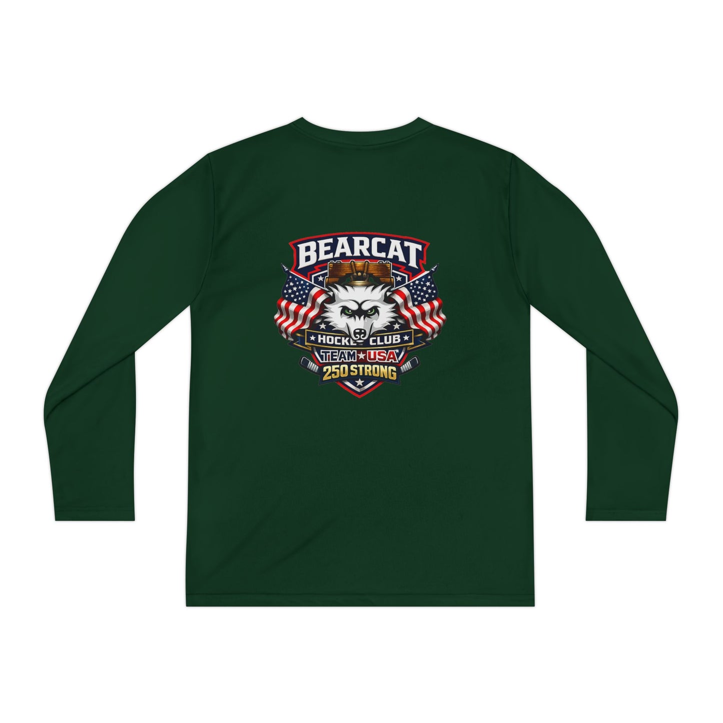Bearcat Club Youth Long Sleeve Tee – Hockey Team Jersey with American Flags & Mascot