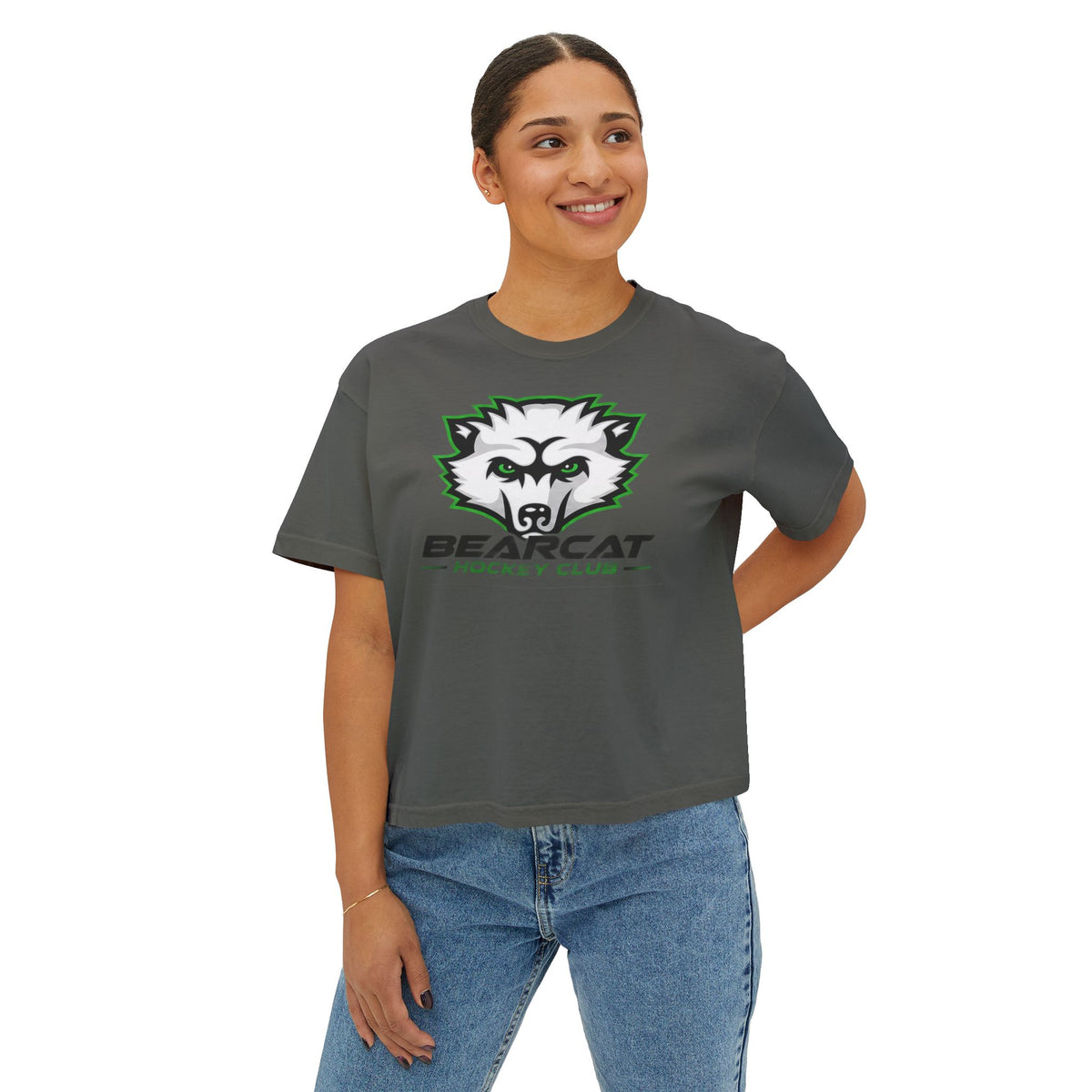 Bearcat Hockey Club Women's Boxy Tee — Retro Mascot Hockey Shirt