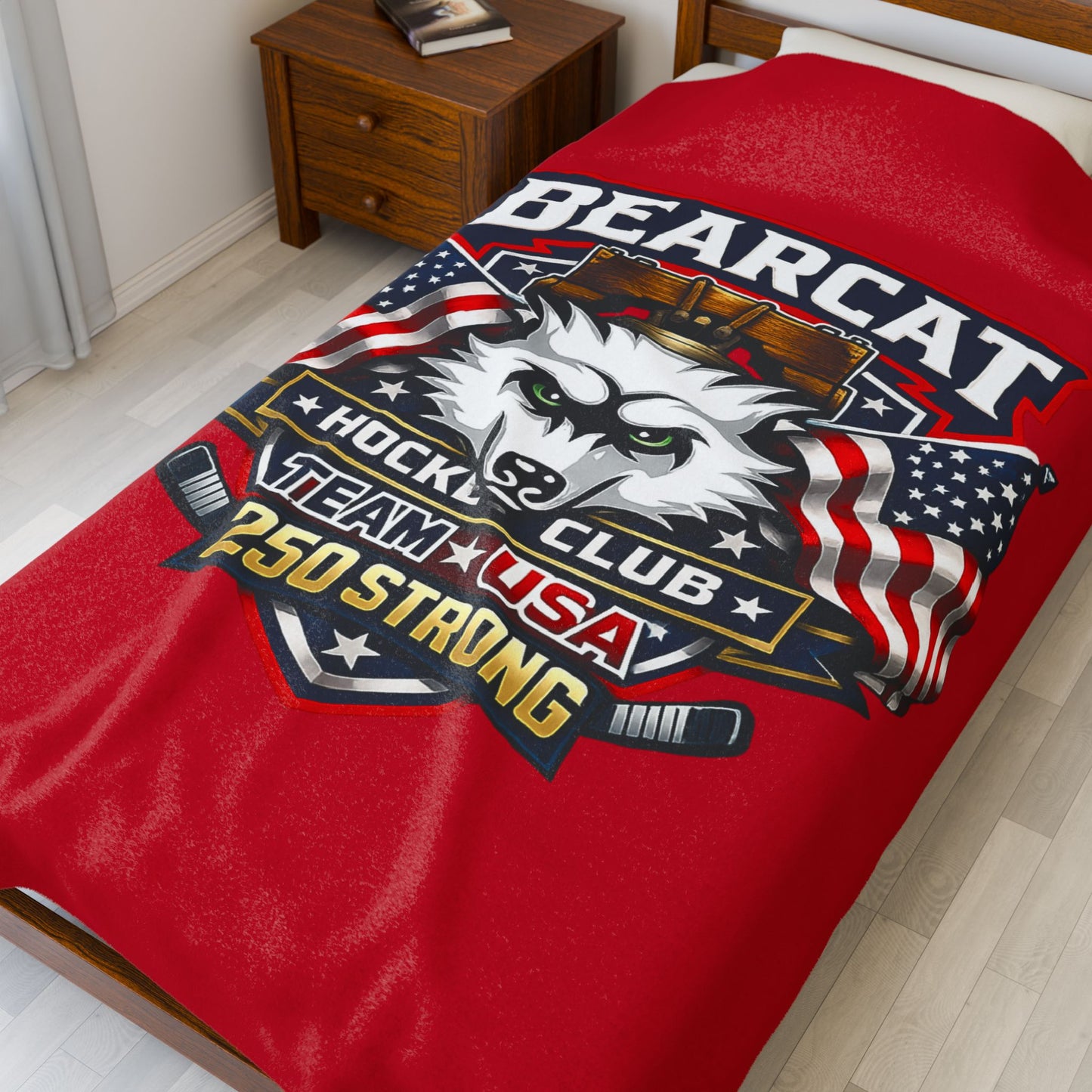 Bearcat Hockey Club Team USA Velveteen Plush red Patriotic Blanket